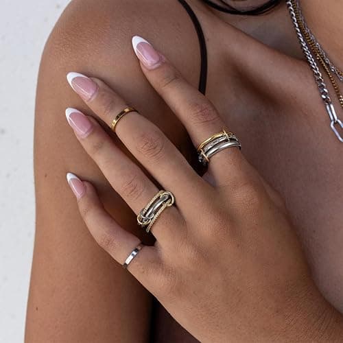 KissYan Stackable Rings for Women, 14k Gold Plated Interlocked Multi Ring Set Dainty Pave CZ Stylish Fashion Two-Toned Mixed Metals Stacking Jewelry Trendy Statement Choice thumbnail 3
