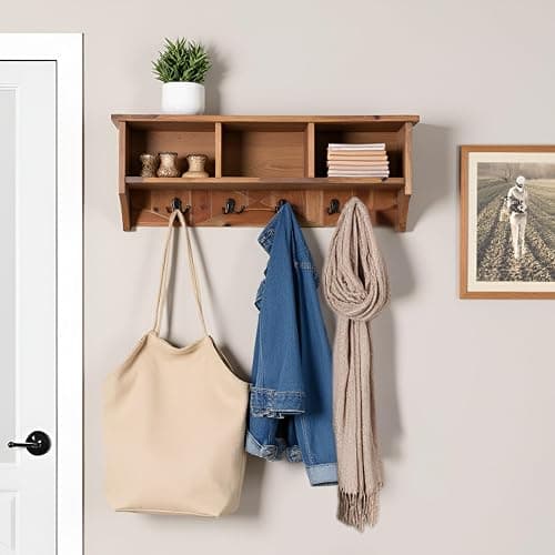 Renew Solid Wood Wall Mounted Coat Hook, Storage, 3 Cubbies, 4 Double Hooks, Natural Brown Finish, Easy Installation, French Cleat, Ideal for Entryway Organization, 36 in. W x 9 in. D x 14 in. H thumbnail 6