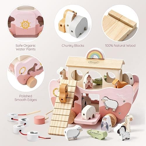 Joyreal Pink Wooden Noah's Ark Toy for 1 Year Old Baby Girl Baptism Gifts | Montessori Educational Toy, Animal Shape Sorter, Christian Toys for Toddler Boy 1-3 Years Old, Christmas Birthday Gift thumbnail 6