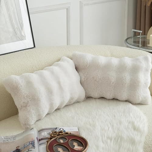 MANDIOO Pack of 2 Thick Plush Wool Decorative Throw Pillow Covers Super Soft Wave Bubble Fur Velvet Cushion Covers Pillow Shams for Couch Bed Living Room 12x20 Inch Cream White thumbnail 3