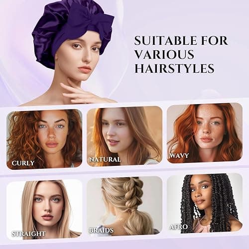 Reversible Satin Bonnet for Sleeping Women, Double Layer Soft Ajustable Elasticity Band Satin Bonnet for Sleeping Hair Silk Sleep Cap Reduce Frizz (Purple+Purple) thumbnail 6
