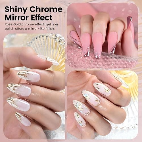 RARJSM Metallic Chrome Gel Liner Nail Art 3D Mirror Bronze Gold Rose Gold Effect Gel Nail Polish 8ml Painting Build in Thin Brush Metal Painted Drawing Striper GelPolish Curing Requires Home Salon thumbnail 3