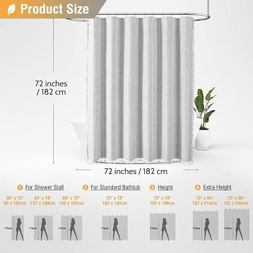 BTTN Gray Boho Farmhouse Shower Curtain, Linen Rustic Weighted Striped Fabric Shower Curtain Set with Tassel, Water Repellent, Bohemian Vintage Country Cloth Shower Curtain for Bathroom, Grey, 72x72 - Grey - 72"W x 72"L (Pack of 1) thumbnail 2