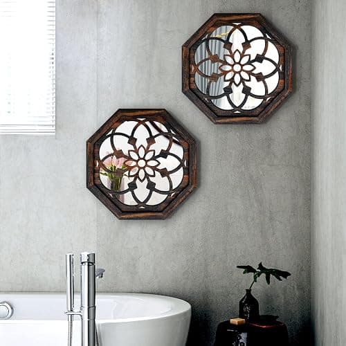 ZOLAPI 2-Piece Octagon Wall-Mounted Mirrors,Vintage Farmhouse Mirror for Wall Decor,Caramel Color Decorative Accent Mirror for Foyer, Bathroom, Bedroom. (12”x12”) thumbnail 2