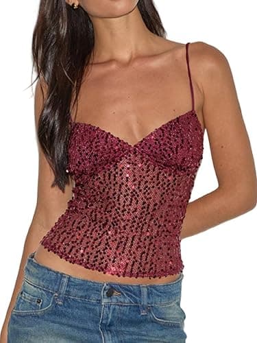 Seyumixi Women Sparkly Cami Top Sequin Spaghetti Strap Glitter Crop Top Sleeveless Going Out Tops Party Concert Outfits thumbnail 2