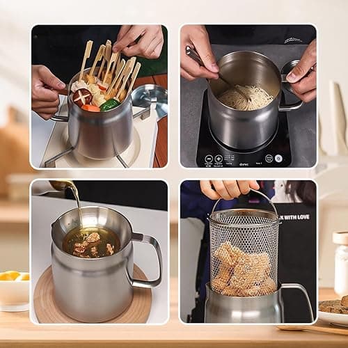 68oz 304 Stainless Steel Deep Fryer Pot with Basket & Strainer, Large Capacity Bacon Grease Container for Kitchen,Frying, Cooking, Camping,Oil Filter Container - Dishwasher Safe (68oz/2L/2.1Qt) thumbnail 5