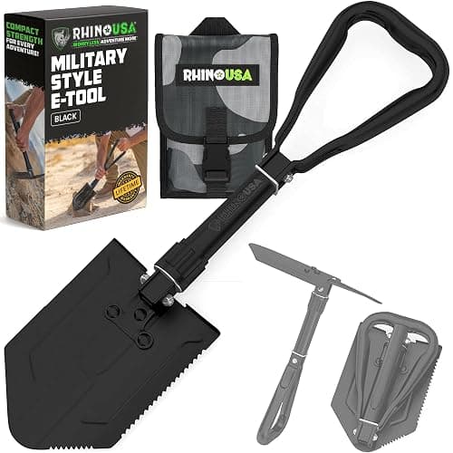 RHINO USA Folding Survival Shovel w/Pick - Heavy Duty Carbon Steel Military Style Entrenching Tool for Off Road, Camping, Gardening, Beach, Digging Dirt, Sand, Mud & Snow. - Image 1