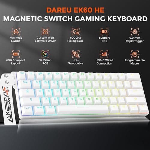 DAREU EK60 HE Hall Effect Magnetic Switch Keyboard, 60% Wired Mechanical Gaming Keyboard with Adjustable Actuation Rapid Trigger Mode, SOCD, 8000Hz Polling Rate, Compact RGB Backlit for Mac/PC - White thumbnail 2