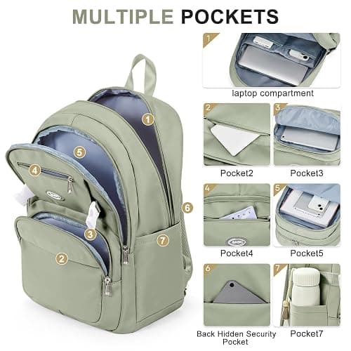 Lightweight Backpack for College & High School Backpack With Lots of Pockets Cute School Bag for Girls Boys, Large Capacity Bookbag for Women Men, Waterproof Teens Casual Daypack Backpack(Green) thumbnail 4