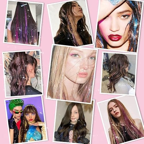Hair Tinsel Pack of 12 Pcs Colorful Glitter Hair Accessories 20 Inch Clip in Hair Tinsel Extensions Fairy Hair Accessories Party Kit for Women Girls Kids (12Pcs,Colorful#) thumbnail 4