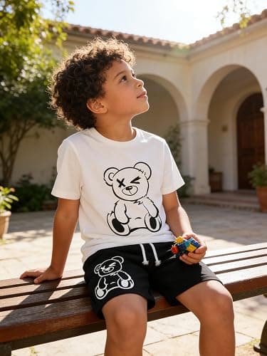 KIDLAGA Kids Toddler Boy Clothes Outfits Bear Print Tee + Plaid Shorts 2 Pieces Summer Shorts Set thumbnail 2