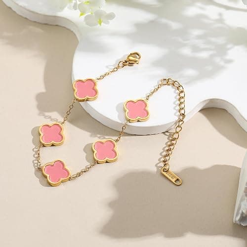 AIPPK 18K Gold Plated Clover Lucky Bracelet for Women White/Black/Red/Green Flower Four Leaf Link Bracelets Trendy Jewelry Gifts for Women thumbnail 5