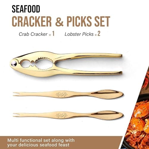 3 Pcs Gold Lobster Crackers and Picks Set, Crab Leg Cracker Tools, Stainless Steel Seafood Crackers & Forks Nut Cracker Set for Eating Stake Support (Nut cracker+2 gold picks) thumbnail 4