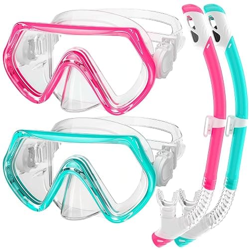 2 Sets Kids Snorkeling Gear for Ages 3-14, Anti-Fog 180° Clear View Dry Top Snorkel Set, Swimming Mask with Nose Cover & Tempered Glass Goggles for Youth Boys Girls Junior - Image 1