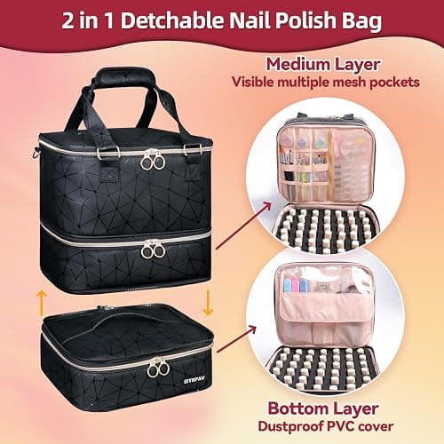 SIYNPAV Nail Polish Organizer Bag Holds 84 Bottles (15ml/0.5fl.oz)& Nail Lamp, 3 Layers Detachable Nail Kit Storage Case PU Leather, Large Travel Nail Supplies Shoulder Bag for Manicure Tools (Black) thumbnail 5