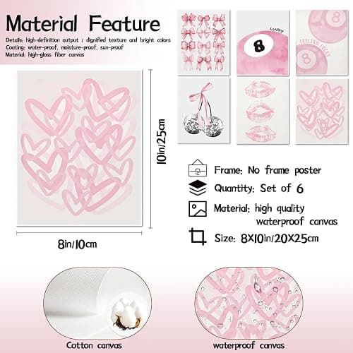 Cute Pink Girl Poster Set of 6, Light Pink Coquette Wall Art Trendy Lucky 8 Ball Wall Decor Paintings Pastel College Apartment Bedroom Living Room Dorm 8x10 inch Unframed thumbnail 3
