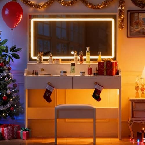 COMHOMA Makeup Vanity Desk with Mirror and Lights, Vanity Table and Chair Set with 5 Drawers and Charging Station, Bedroom Dresser LED Mirror Stepless Dimmable & 3 Color Modes Adjustable, Pearl White thumbnail 9