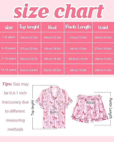 Nidoul Girls Pajamas Satin Pajama Set Silk Pjs Short Sleeve Button Down Summer Bow Sleepwear for Big Kids 7-14Y thumbnail 6