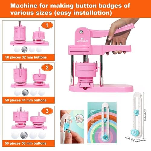 MECOLOUR Button Maker Machine Multiple Sizes 1.26+I1.73+2.28 inch Pin Maker Machine,150pcs Button Badge Making Supplies,Button Press Machine for DIY Personalized Pinback Buttons Children DIY Gift(Pink) thumbnail 2