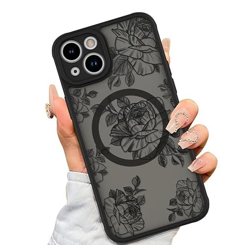AIGOMARA Case for iPhone 14 [Compatible with MagSafe] Black Flower Floral Pattern Design for Women Girls Soft TPU Bumper Hard PC Back Anti-Fall Shockproof Protective Slim Magnetic Cover - Image 1