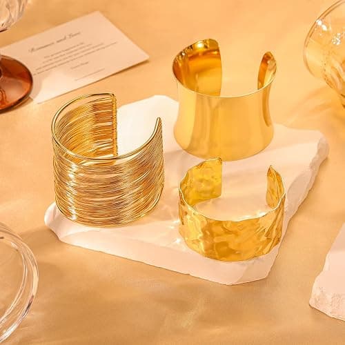 Abiotp 3PCS Gold Chunky Cuff Bracelets for Women Irregular Minimalist Statement Bangle Bracelets Set Open Wide Bangle Arm Cuff Upper Arm Punk Jewelry thumbnail 6