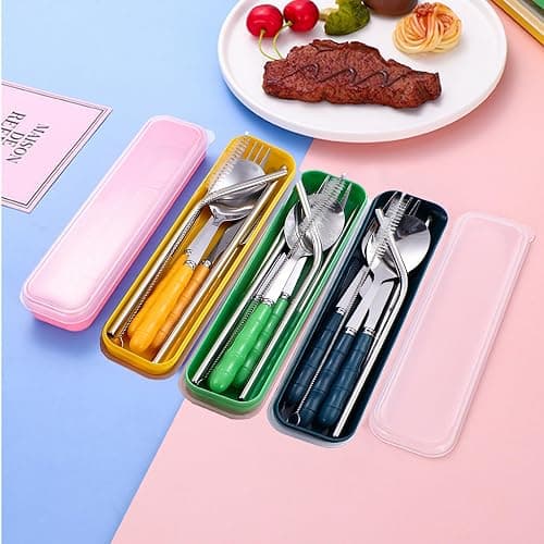 Facune 4 Colors Portable Travel Utensils with Case, Reusable Stainless Steel Cutlery Include Knife Fork Spoon Straw for Travel Camping Office thumbnail 2