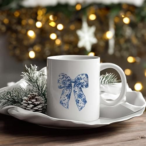 JKMBN Chinoiserie Bow Coffee Tea Mugs, Coquette Grandmillennial Bows Ceramic Coffee Mug, Vintage Blue Coffee Cup, 11oz Ceramic Cup White thumbnail 6