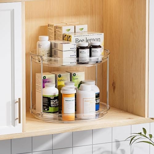 LAMU Rotating Makeup Organizer for Vanity, 10.6in 2 Tier Lazy Susan Turntable Stackable Spinning Skincare Organizer Cosmetic Perfume Tray Display for Bathroom Counterop, Large Capacity, Clear thumbnail 2
