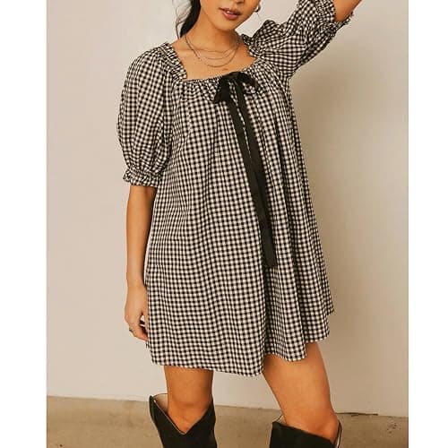 Women Plaid Half Sleeve Dress Loose Fit Cropped Mini A-Line Tunic Y2K Vintage Casual Swing Smocked Babydoll Dress thumbnail 5