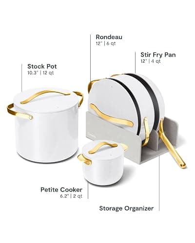 Caraway Cookware+ Collection - Specialty Cookware Set - Petite Cooker, Stir Fry Pan, Rondeau, & Stock Pot - 3 Lids & Storage Organizer Included - White thumbnail 4