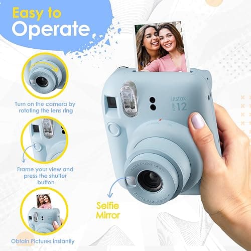 Fujifilm Instax Mini 12 Instant Camera Pastel Blue and Fuji Film Value Pack (60 Sheets) Bundle with Sturdy Tiger Accessories, Carrying Case, Photo Album 64 Pockets thumbnail 5