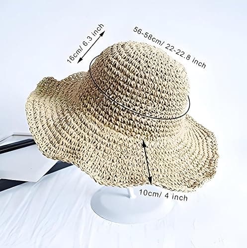 Women Straw Hat Wide Brim Beach Sun Cap Foldable Large Lady Floppy 100% Natural Paper Braided for Travel Decoration Summer Vacation Soft Lightweight and Breathable (Beige) thumbnail 5