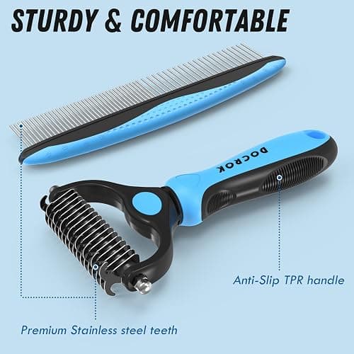 Docrok Pet Grooming Combo - Blue Deshedding Brush with Metal Comb for Detangling and Dematting Long, Matted Fur on Cats and Dogs thumbnail 6