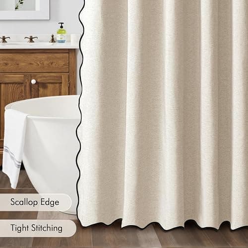 MIULEE Beige Scalloped Shower Curtain Linen Textured with 12 Metal Hooks Cute Heavy Duty Washable Waterproof Neutral Thick Cloth Shower Curtains with Black Border for Bathroom Bathtub,W72*L72 Cream thumbnail 5