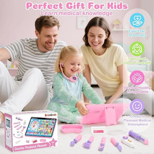 BainGesk Doctor Kit for Girls 3 Years Old, Doctor Tablet with Music & Sound, Pretend Play Doctor Set with Stethoscope, Doctor Dress Up Gifts for Kids Toddlers Ages 3-6 Years Old thumbnail 7