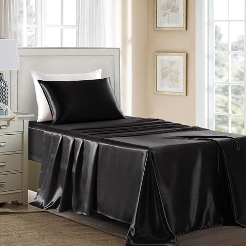 GOLAL Satin Sheets Twin Size - 3 Pieces Luxury Silky Soft Bed Sheets for Kids, Wrinkle-Free Black Satin Silk Sheet Set with 1 Deep Pocket Fitted Sheet, 1 Flat Sheet, 1 Pillow case thumbnail 3