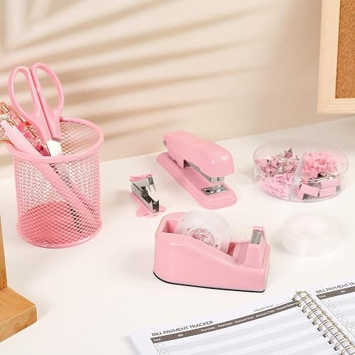 SKYDUE Pink Stapler and Tape Dispenser Set, Pink Office Desk Accessories | Pink Office Supplies, Stapler, Tape Dispenser, Scissors, Clips and 1000pcs Staples,Office Supplies for Desk for Women thumbnail 7