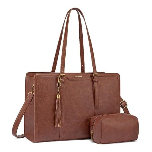 LOVEVOOK Laptop Bag for Women Vintage Leather Laptop Tote 17.3 inch Large Capacity Computer bag with Clutch Purse for Work - Image 1