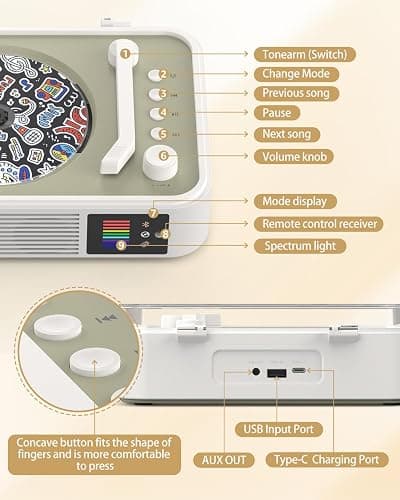 CD Player Portable Bluetooth LED Desktop Retro CD Players for Home with Speakers Rechargeble Battery Small Vintage CD Player with Bluetooth Out & Input, USB, AUX Out, Remote Control (White) thumbnail 8
