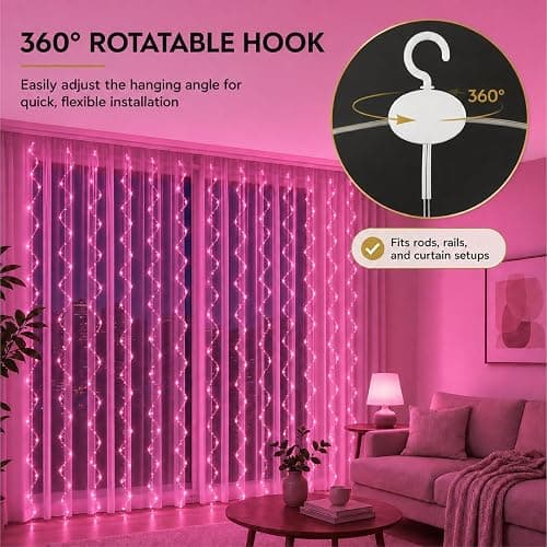 ZSJWL 300 LED Curtain Fairy Lights with Remote, 9.8 × 9.8 Ft, USB Plug in | 8 Modes, Waterproof, Twinkle Silver Wire, String Lights for Bedroom, Windows, Christmas, Wedding and Party Decor, Pink thumbnail 2