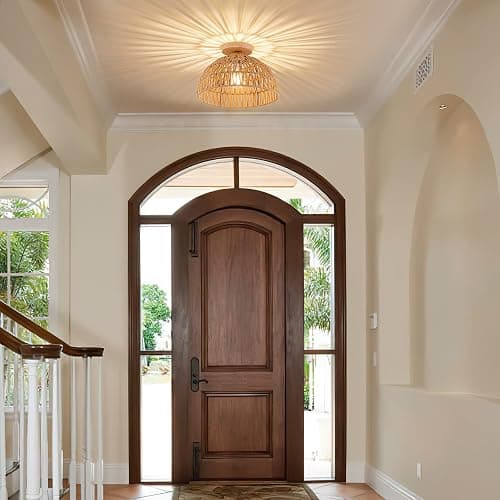 OCWHT Boho Rattan Ceiling Light Fixtures Boho Lamp Shade Flush Mount Ceiling Light Hand-Woven Small Chandelier Wooden Base Chandelier Light for Hallway Bedroom Kitchen Nursery - Brown thumbnail 2