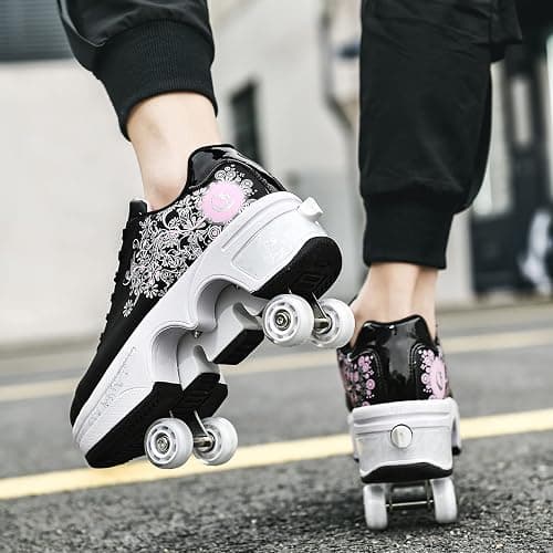 Roller Skate Shoes for Women Four Rounds Children's Roller Skates Shoes That Turn into Rollerskates Sneakers Outdoor Light Shoes with Wheels for Girls/Boys thumbnail 3
