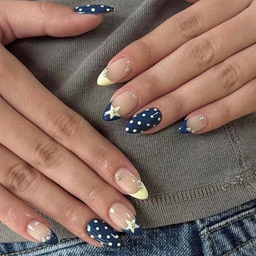 octoswave Press on Nails Long Almond Shape Star and Polka Dot Design Celestial Navy Blue French Tip False Nails for Women Party and Prom Night 24 Pcs thumbnail 2