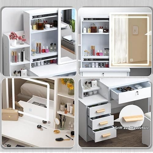 Make Up Vanity Desk with Mirror and Lights,White Vantity Set with 4 Drawers and Hidden Shelves,Girls Dressing Table with Lights and Stool,Small Vanity with Sliding Mirror for Bedroom Dressing Room thumbnail 9