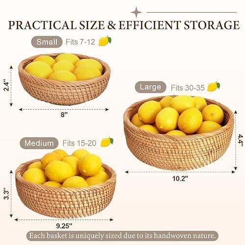9.2" Medium Round Rattan Wicker Bread Basket, Natural Fruit Basket for Kitchen Counter, Hand Woven Food Baskets, Artisanal Bread Baskets for Serving, Fruit, Vegetable, Snack, key, Etc. thumbnail 3