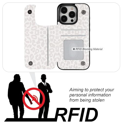 HAOPINSH iPhone 15 Pro Case Wallet with Card Holder, White Leopard Cheetah Pattern PU Leather Kickstand Case for Women, Double Magnetic Clasp, 6.1" thumbnail 4