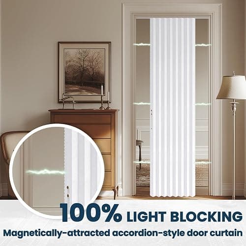 AJAZZ 100% Blackout Magnetic Door Curtain Patio Door Curtain Invisible Folding Door for Bedroom Living Room Accordion Doorway Curtains Sets Included Tracks (1Panel, 43W x 79 L, White) thumbnail 9