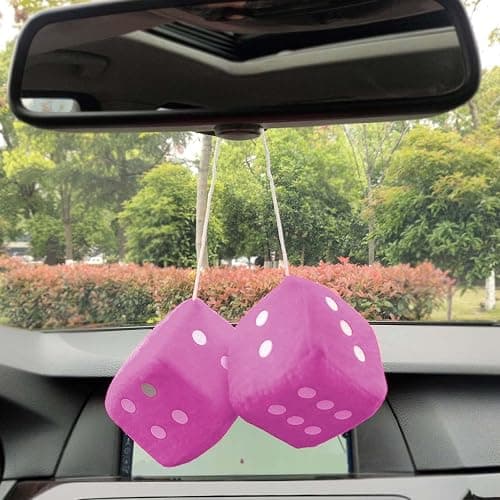 Pair 2.75” Pink with White Dots Mirror Fuzzy Plush Dice, Pink and White Soft Plush Car Decorative Hanging,Retro Square Decoration Dice for Car Hanging Accessories thumbnail 2