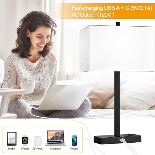 Lynnoland 21" Set of 2 Table lamp with USB A+C & AC Outlets, Touch Control 3-Way Dimmable Nightstand Lamps for Bedroom Living Room Office Reading, White Shade Touch Lamps, 5000K LED Bulbs Included thumbnail 6