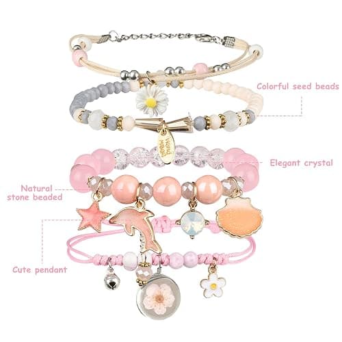 4 Pcs Beaded Cute Bracelets for Teen Girls Women, Dainty Cute Cartoon Crystal Beads Pearl Stretch Charm Handmade Adjustable Anklets Bracelet Set Birthday Gift for Friends thumbnail 3
